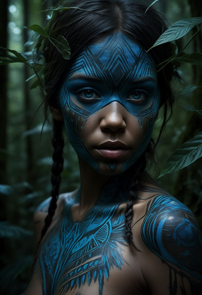 mysterious silhouette of a tribal woman, jungle, (blue warpaint over eyes only), goddess, alluring, by Minjae Lee, Carne Griffiths, Emily Kell, Steve McCurry, Geoffroy Thoorens, Aaron Horkey, Jordan Grimmer, Greg Rutkowski, amazing depth, double exposure, surreal, geometric patterns, intricately detailed, bokeh,  perfect balanced, deep fine borders, artistic photorealism , smooth,  great masterwork by head of prompt engineering   <lora:add-detail-xl:2>  <lora:Double_Exposure:0.5>