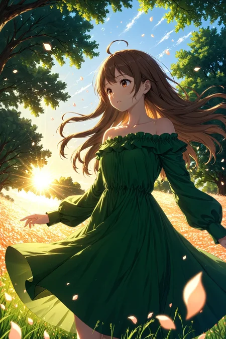 anime, 1other, solo, ahoge, brown eyes, brown hair, dappled sunlight, dress, field, floating hair, food print, from below, glowing, glowing petals, green dress, long hair, long sleeves, looking down, off shoulder, off-shoulder dress, outdoors, parted lips, petals, print dress, print dress, sunlight, sunset, sunlight, masterpiece, best quality