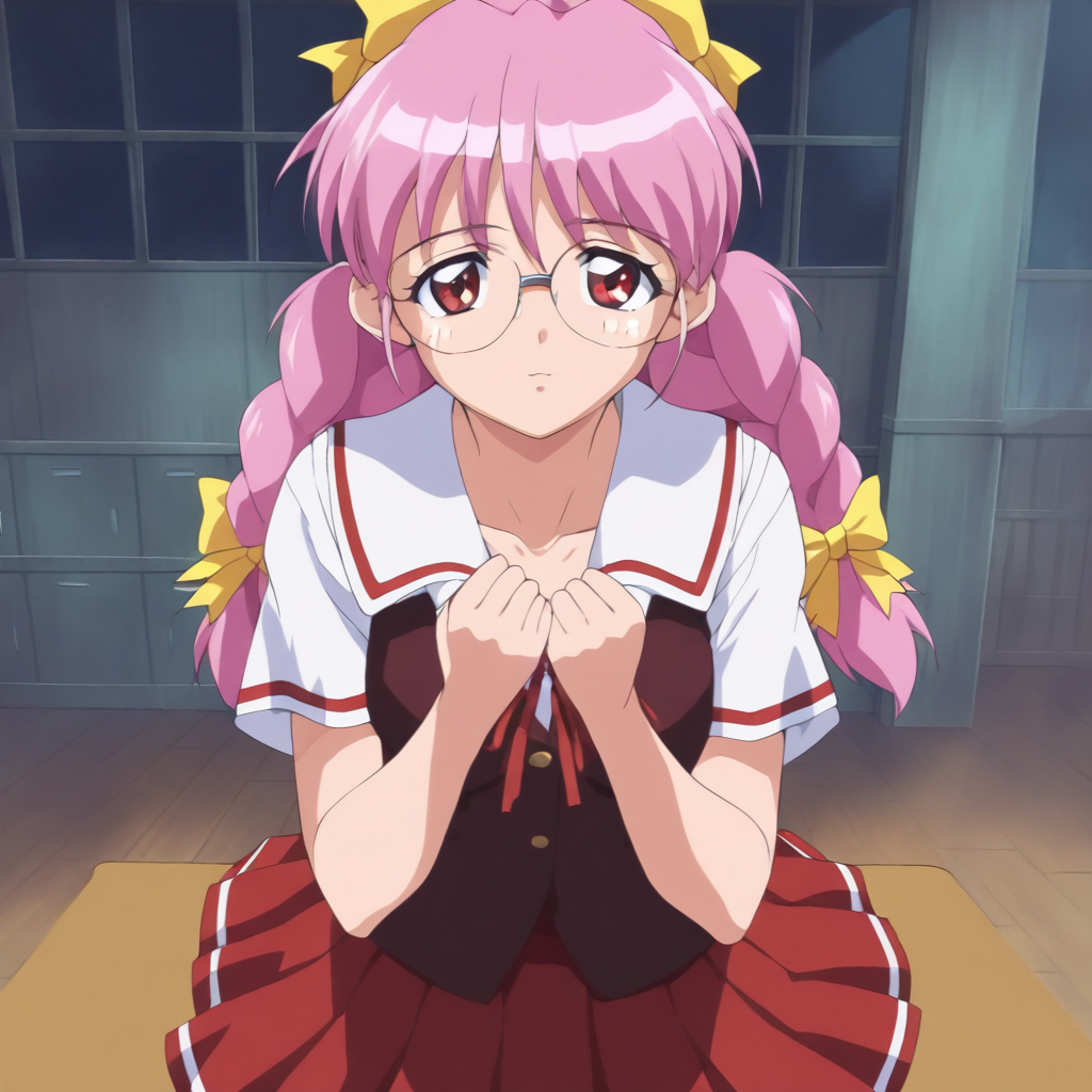 masterpiece,1girl,solo,looking at viewer,upper_body,<lora:Rika_Respect ag4o v1:1> rika_respect, glasses, pink hair, twin braids, hair bow, red eyes,school uniform,red skirt,