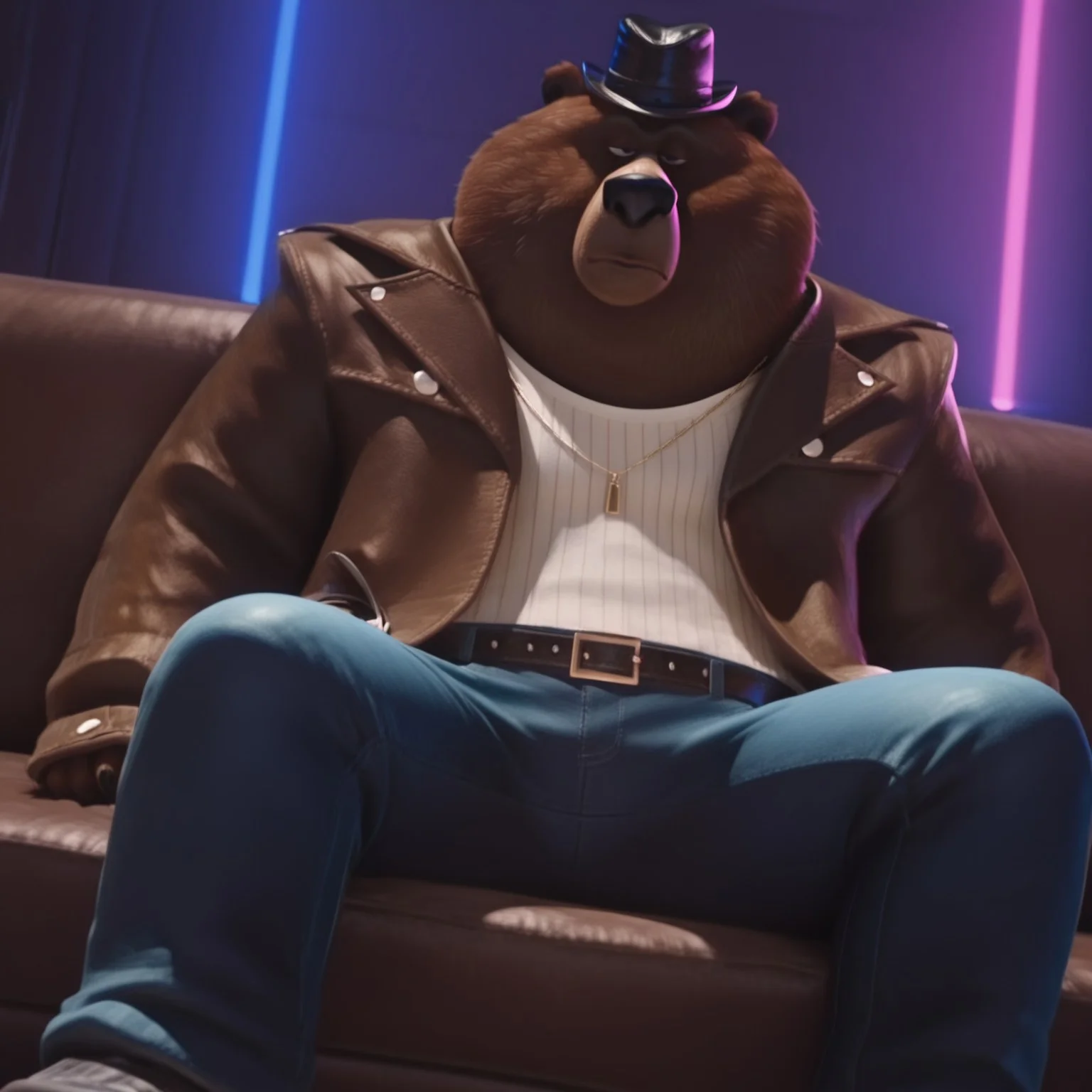 Bear_leader, Full body, realistic, sitting on couch, hat, closed mouth, raised eyebrown, half closed eyes, Brown Jacket, white shirt, gold chain, belt, jeans pants, spread legs, ((half body)), inside, Dynamic angle, closer view, solo