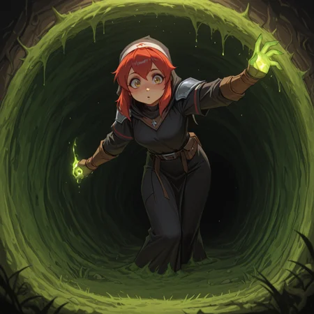 <lora:DarkfireStyle13:1>
1girl,
adventurer, cautiously reaching out to touch a mysterious, glowing cursed relic in a moss-covered chamber, expression curious yet wary, front view