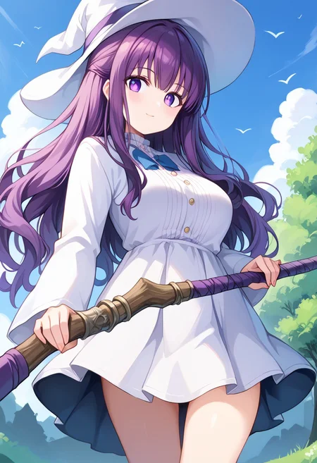 score_9, score_8_up, score_7_up, score_6_up, score_5_up, score_4_up, epic-Ultra-HD-details, epic-Ultra-HD-highlights, 2.5D-upscaled-resolution, source_anime, digital-quality, semi-realism, physically-realistic, lit, cutesie,
afrobullstyle,
BREAK source_anime, anime, best quality, masterpiece, rating_safe, uncensored, High quality, 8k, Ultra,
BREAK (outdoors,Forest, trees, rocks, mountains, blue sky, sun, cumulonimbus clouds),
BREAK 1girl, Fern_(Sousou_no_Frieren),purple eyes, purple pupils, purple hair, long hair, wavy hair,
reij-pnkwtch, short skirt, hat,Holding long stick,
BREAK ((cowboy shot)),(leaning forward),(from below),(((from front))),
busty breasts,(large breasts:1.2), (thick thighs,:1,2),
looking at viewer,smile,blush,((erect nipples)),
