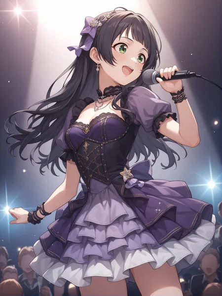 score_9, score_8_up, score_7_up, score_6_up, score_5_up, score_4_up, source_anime, source_cartoon,
1girl wearing an (idol dress), <lora:idol_dress-PD-1.0:1>,
purple dress,
black hair, long hair, green eyes, idolmaster, stage, singing, holding microphone, dutch angle, spotlight, light beam, cowboy shot,