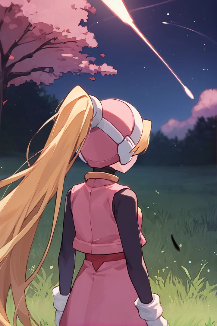 source_anime, score_9, score_8_up, score_7_up, cielbase, helmet, blonde hair, very long hair, ponytail, pink vest, pink dress, bodystocking, arm stockings, pink skirt, white gloves, standing, upper body,
BREAK night, grass, green leaves, tree, forest, meteor shower, dark, from side, from behind, looking away, facing away, bokeh,
<lora:ciel-step00000800:1>