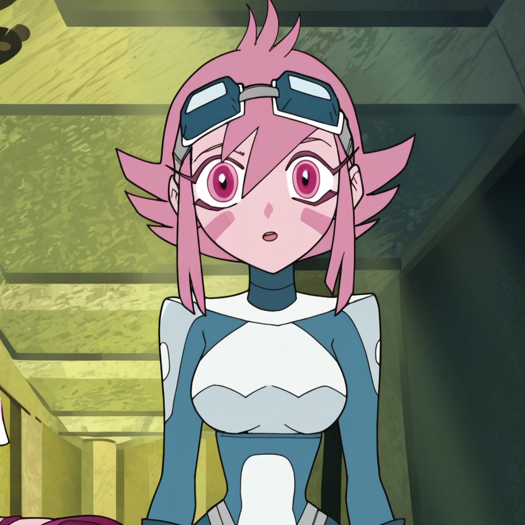 1girl, Certhana, colored skin, pink hair, short hair, pink eyes, goggles on head, medium breasts, narrow waist, wide hips, looking at viewer, highres, high quality, masterpiece, <lora:Certhana:1> <lora:Expressive_H:1> Expressiveh