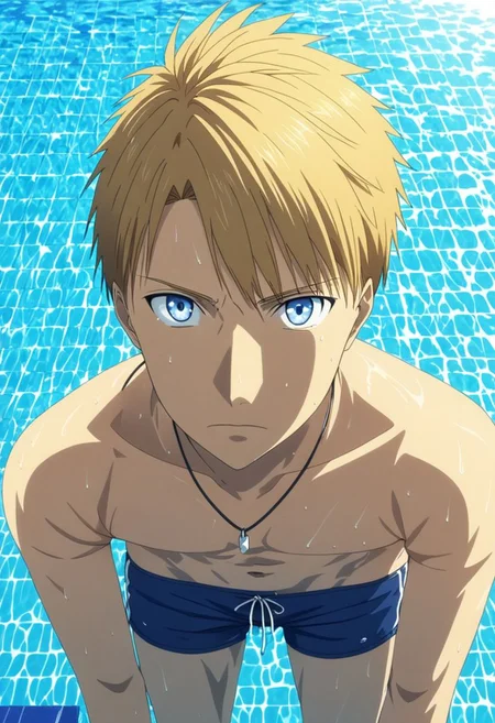 high resolution, solo, best quality, 1Boy, Yamato Ishida, Blond Hair, Blue Eyes, Necklace, pool, swim, shirtless, sixpack, shorts, looking at viewer, OverallDetail
