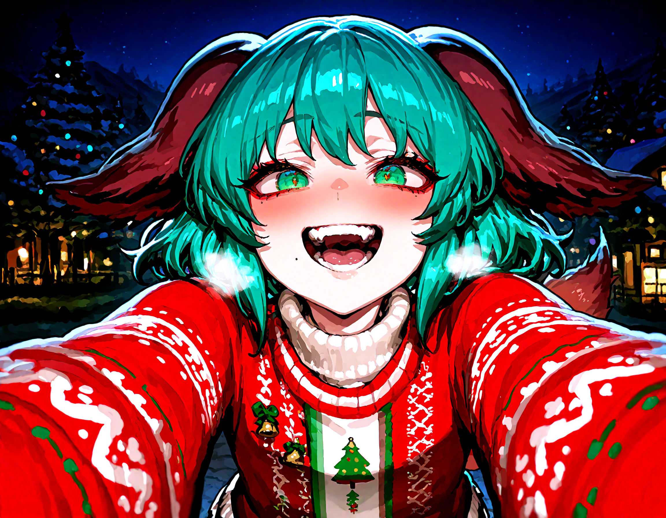 1 girl,   kasodani_kyouko,animal_ears ,blush ,dog_ears ,dog_tail ,green_eyes, green_hair,  ,smile , open mouth , solo, tail , pov,
christmas_sweater,  dark, night, outdoors, 
,Fishine, munakata_(sekimizu_kazuki),dekosukentr,kizuki_aruchu ï¼ireadingï¼kubo_tite_(style) ,
ï¼masterpiece, best quality, newest, absurdres, highres,
<lora:illustrious_noobai_epsilon_pred_1_best_quality_v1:0.4> ,<lora:illustrious_noobai_epsilon_pred_1_masterpieces_v1:0.4>, <lora:illustrious_noobai_epsilon_pred_11_very_aesthetic_v1:0.4>, <lora:ponyv5_noobV065S_1_adamW:0.6>, <lora:add-detail-xl:0.4>, <lora:GEN(illust) 0.2v:0.6>, <lora:USNR STYLE_XL_loha:0.6>, <lora:cfg_scale_boost:0.4>, <lora:christmas_sweater:0.8>