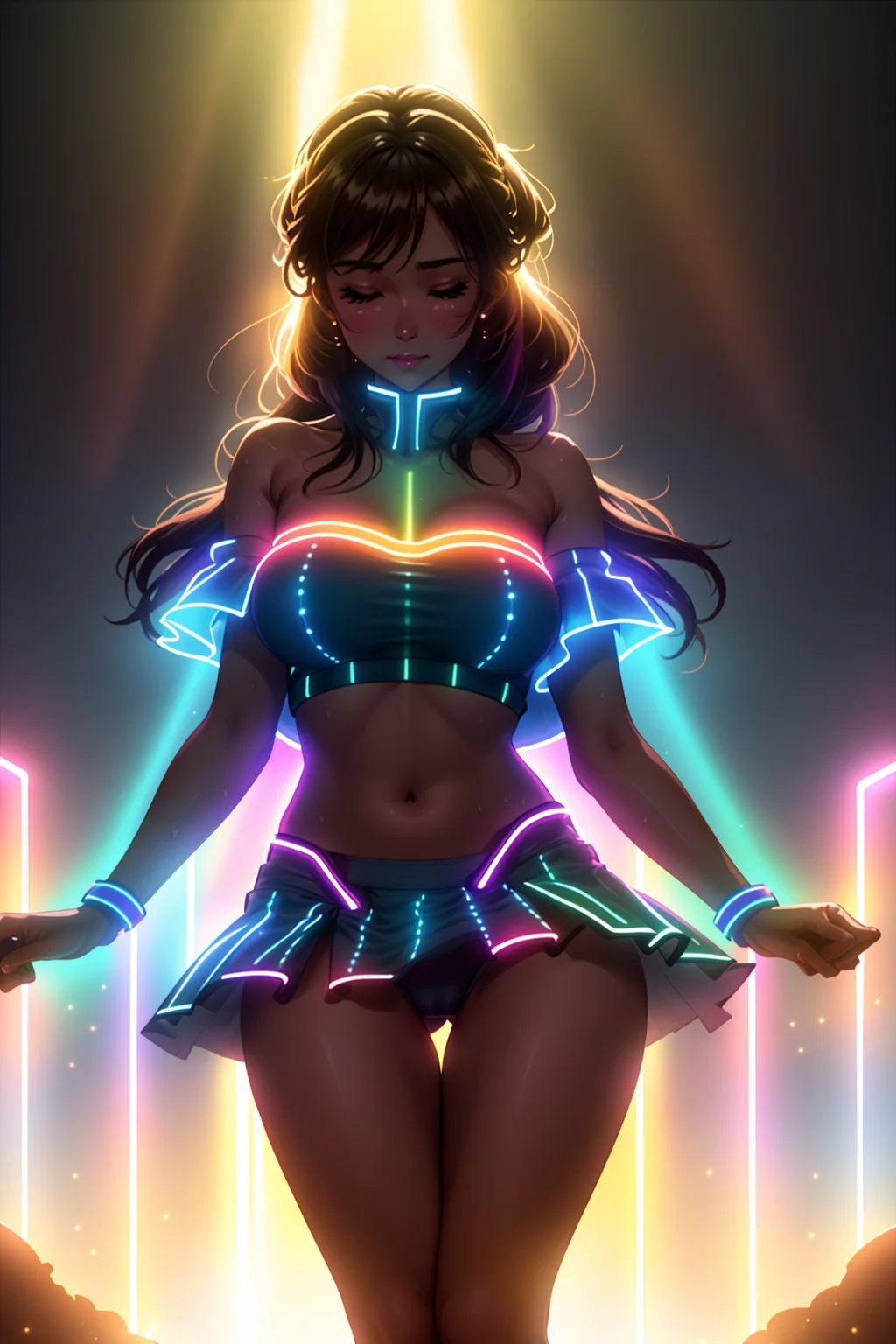 rgb, bandeau, huge breasts, <lora:GamerFashion-rgb-V1:1> ,<lora:Bandeau-fC-V1:1>, fcHeatPortrait, 1girl, rave festival, night, light rays, edc, rave, highres, lens flare, led, masterpiece, cinematic lighting, perfect skin, long vivid colorful hair, toned, cameltoe, breast focus, legs focus