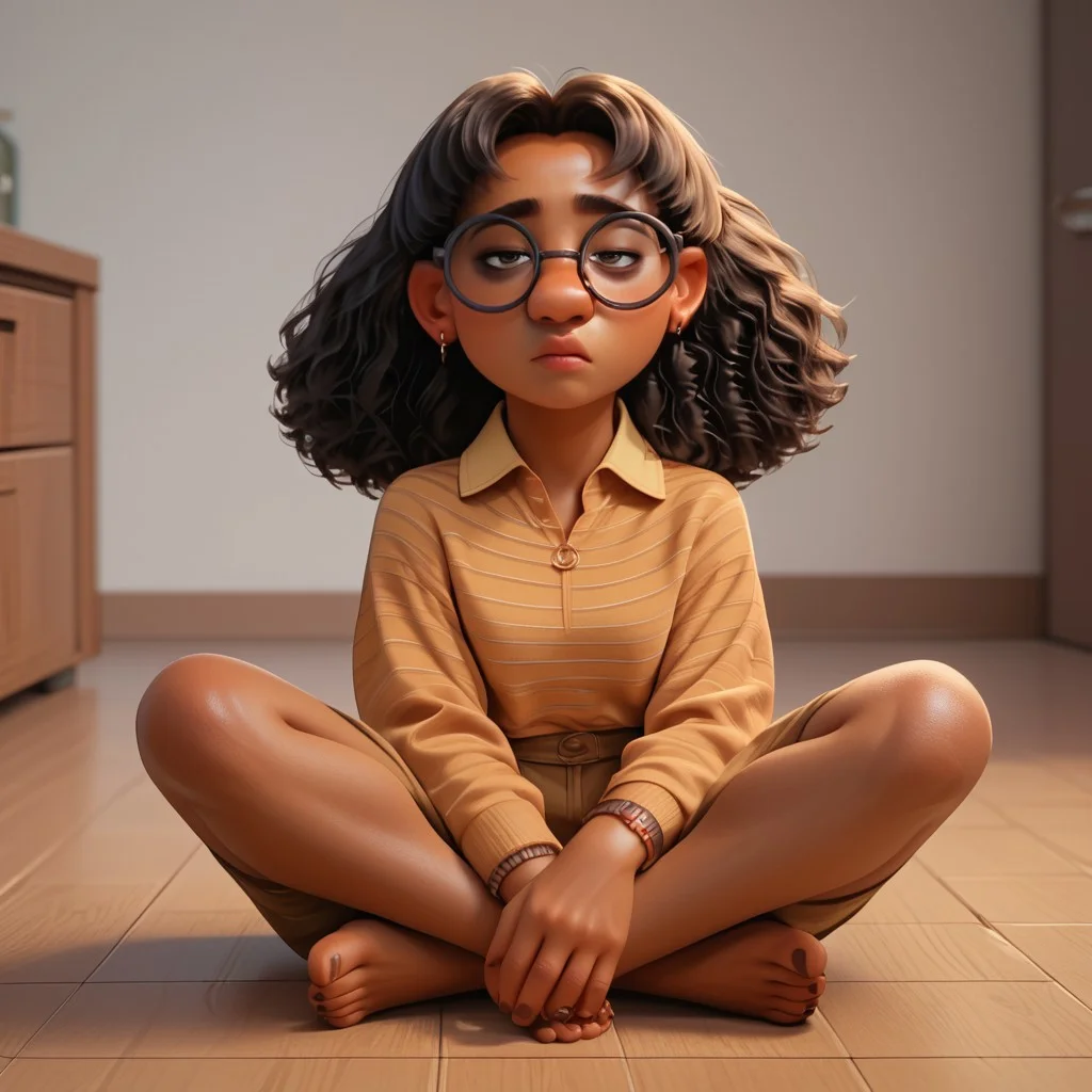 score_9, score_8_up, score_7_up, score_6_up, score_5_up, score_4_up, 1girl, priya, dark skin, sitting on the floor, barefoot, glasses