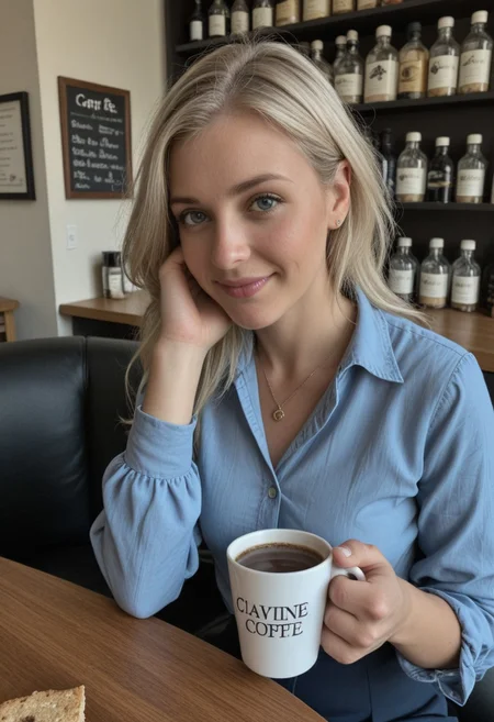 A woman with platinum blonde hair smiles as she sits in a cafe wearing a navy blue silk blouse holding a large paper cup of coffee
