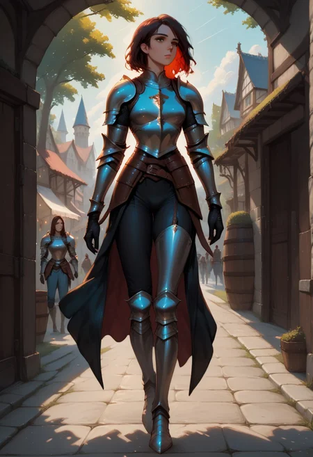 Alana, Knight, focused expression, detailed outfit, leather armor, walking down road, fantasy background,