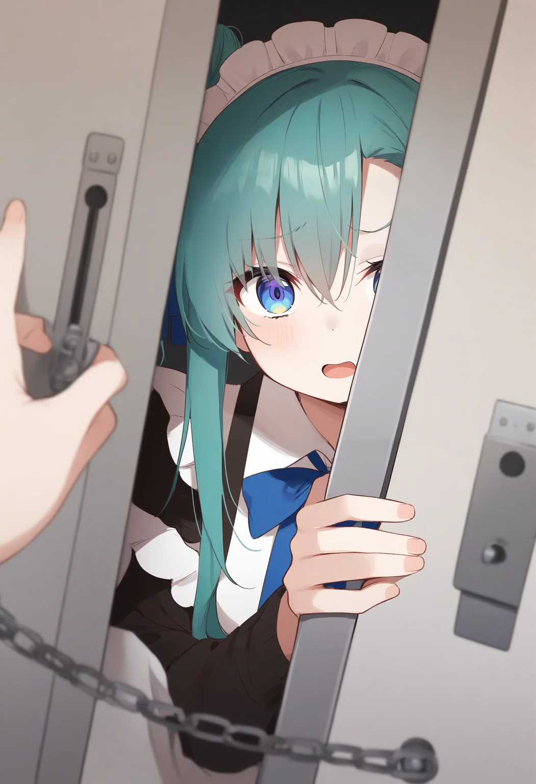 1girl,sincos, ningen mame, toosaka asagi,solo,medium breasts,20yo,maid,maid headdress,
door chain, peeking out, open door,<lora:doorchain_XL_v1:1.0>
chain, pov doorway, opening door, close-up,
from side, full body, looking ahead, aqua hair, white eyes,disgust, caves, open mouth, hair bun hair,,
best quality, very aesthetic, absurdres ,