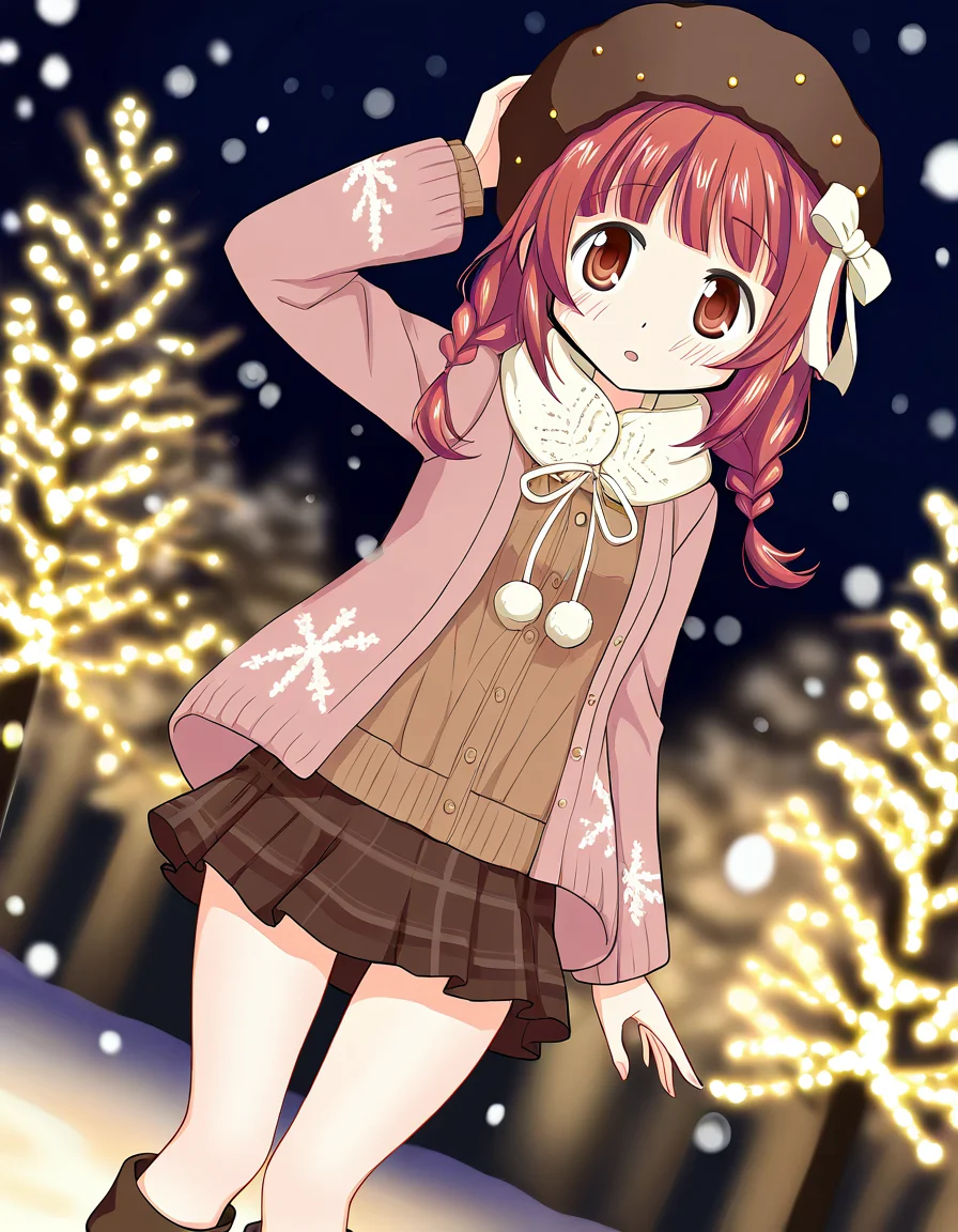 masterpiece, best quality, newest, absurdres, highres, safe, 1girl, akino kaede \(winter costume\), magia record: mahou shoujo madoka magica gaiden, microskirt, layerd skirt, knee boots, solo, outdoors, snowing, dutch angle, <lora:akino_kaede_noobaiXLNAIXL_vPred10Version:0.7>