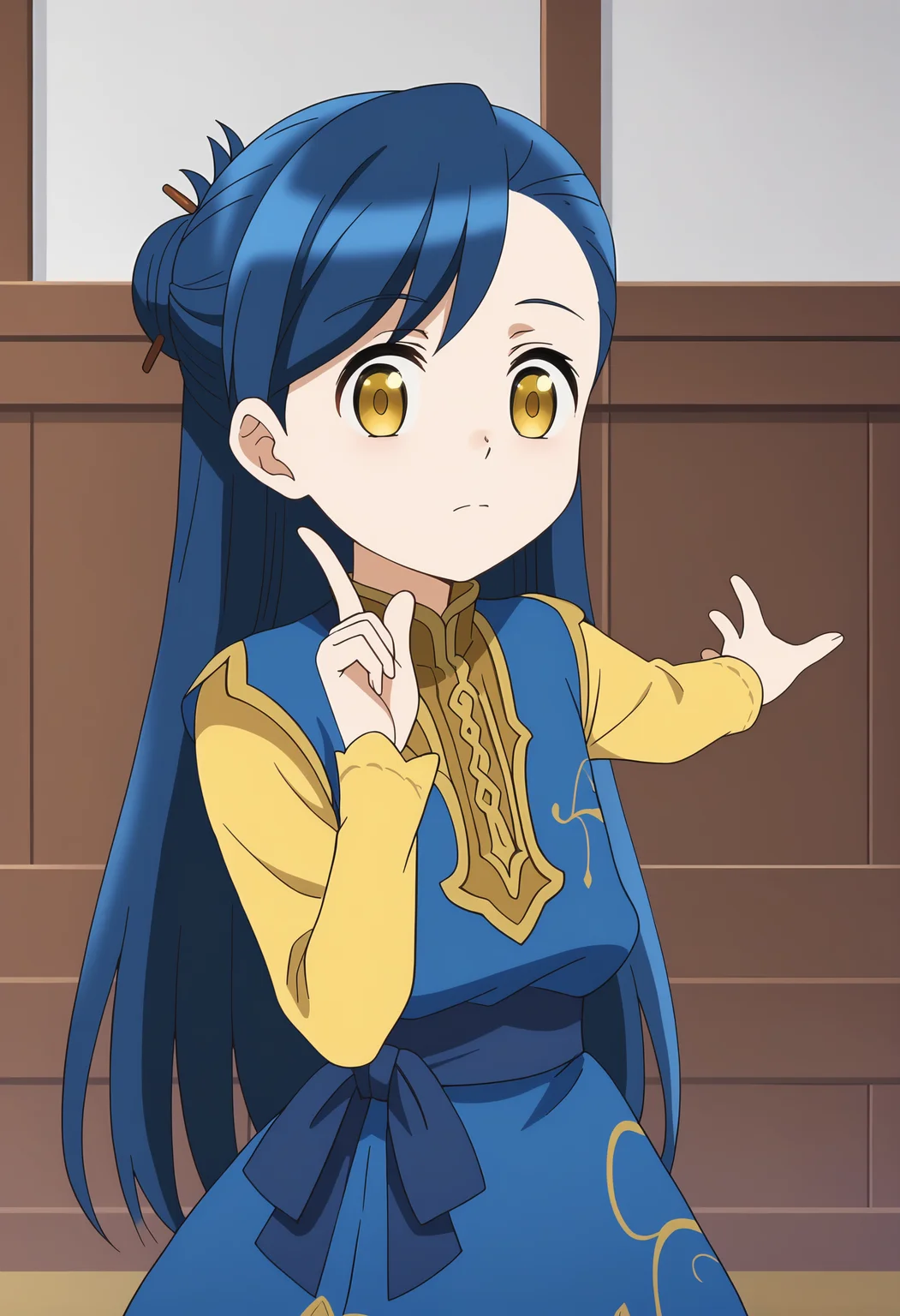 score 7 up, solo, source anime, 1girl, , <lora:Myne_-_Honzuki_no_Gekokujou:1>myne, blue hair, yellow eyes, long hair, hair bun, hair ornament , <lora:shiDoodleV1:1> doodledance, index finger raised,,