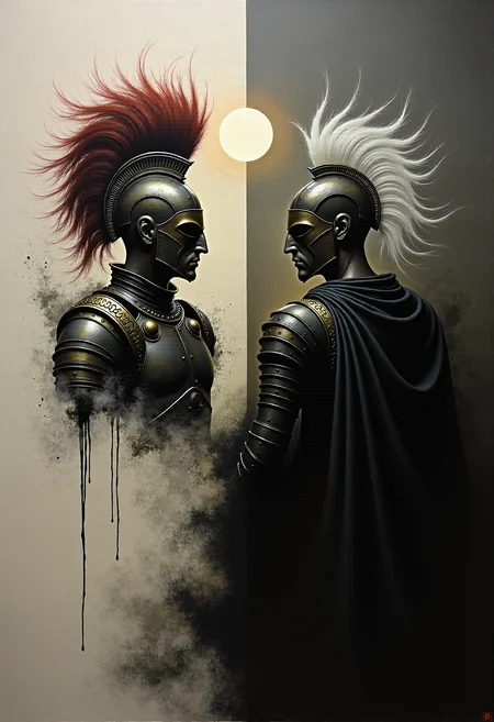 0n1r1c, Create a dramatic impasto painting with drips and painterly smudges of two majestic warriors, inspired by Achilles, the central character in Homer's Iliad, wearing futuristic, metallic full-body armor with a complex, segmented design.
The painting is divided vertically into three sections.
The left section, only white, is dominate from Hector, his
warrior's helmet should have a striking red horsehair crest.
The background of this left section is a light white.
The middle section, only light gray, showcases a high, arched window below the upper edge of the painting, through which the moon shines.
The background of this middle section is a light gray.
The right section, only dark gray, is dominate from Patroclus, his warrior's helmet should have a striking white horsehair crest.
The background of this right section is a dark gray.
Both helmets reminiscent of ancient Greek soldiers.
Both armors should have multiple plates and reinforcements, covering the entire body and combining both ancient and modern aesthetics.
The shoulder plates and bracers of both armors should feature additional plating with gold accents. Both warriors should wear long, flowing black capes, adding a touch of royalty. Their overall appearance should exude strength, nobility, and a harmonious blend of the antique and the modern. Set the scene in a dark, grand hall with high, arched windows in the background. The painting should emphasize a combination of ancient grandeur and a futuristic, modern, and abstract style, with dramatic lighting features in a monochromatic scheme, primarily in shades of black, white, and gray.