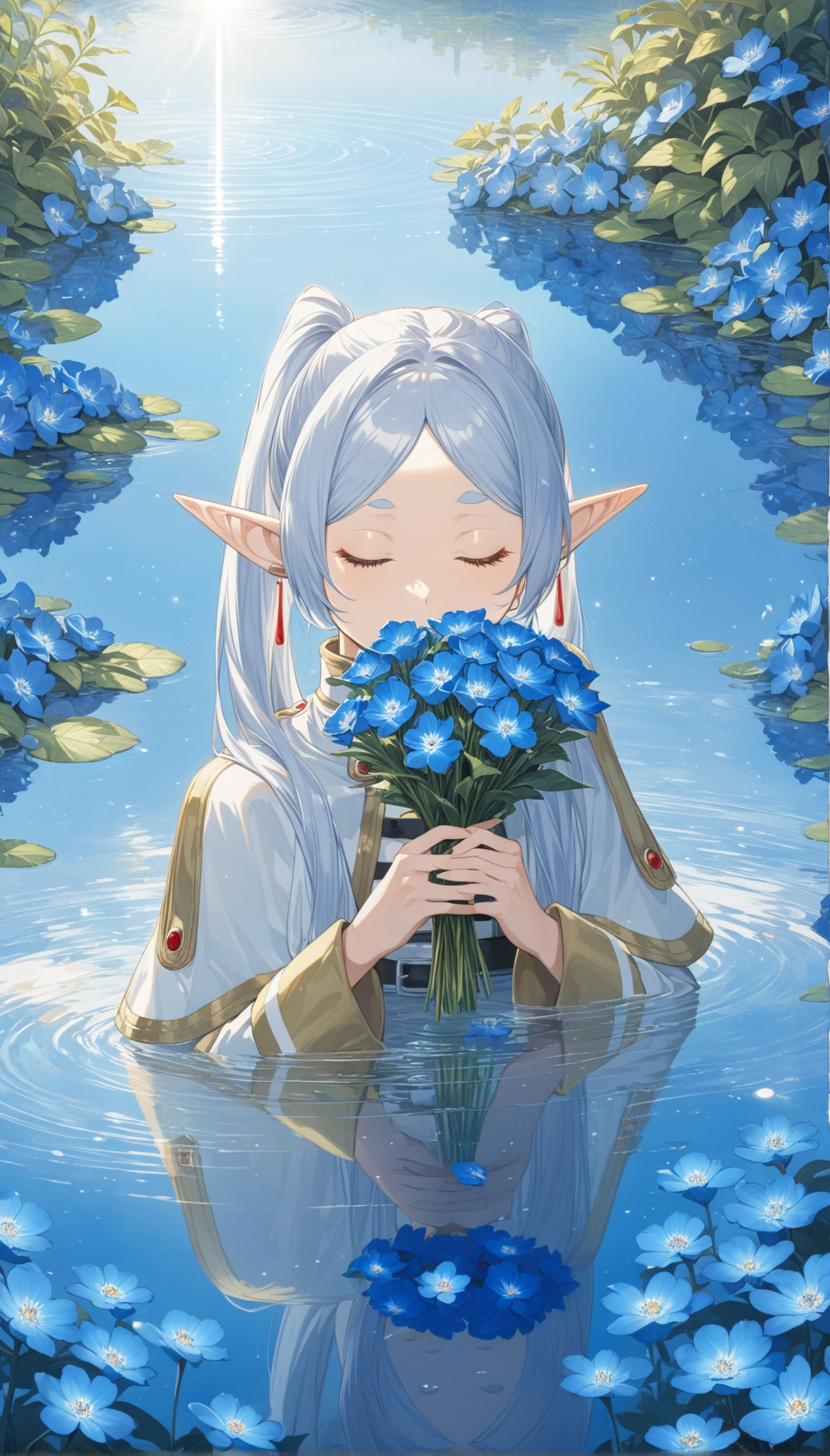 nereirfpnxl, frieren, rating:safe, flower, water, pointy ears, blue flower, closed eyes, reflection, holding flower, holding, elf, long hair, bouquet, ponytail, ripples, hair flower, hair ornament masterpiece, best quality, intricate detail, cinematic lighting, amazing quality, amazing shading, detailed Illustration, official artwork, wallpaper, official art, extremely detailed eyes and face, beautiful detailed eyes
 <lora:frieren_nereirfpnxl_xl:1>