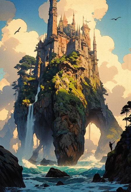 A breathtaking fantasy landscape painting of a towering island mountain emerging from the ocean, surrounded by mist and illuminated by divine sunlight breaking through dramatic clouds. The mountain has a mystical, almost otherworldly appearance, with sharp, spire-like peaks that seem to touch the sky, some floating slightly above as if defying gravity. Lush greenery covers the lower slopes, with waterfalls cascading down its cliffs into the sea. The ocean waves crash gently against the rocky shores, with seagulls soaring in the sky, adding life and scale to the scene. The lighting creates a surreal glow, with golden sunlight streaming down, casting soft shadows and highlighting the ethereal nature of the place. The painting’s atmosphere conveys a sense of wonder and tranquility, with a blend of realism and fantasy, inspired by grand mythical landscapes and epic world-building.
,  anime, cyberpunk