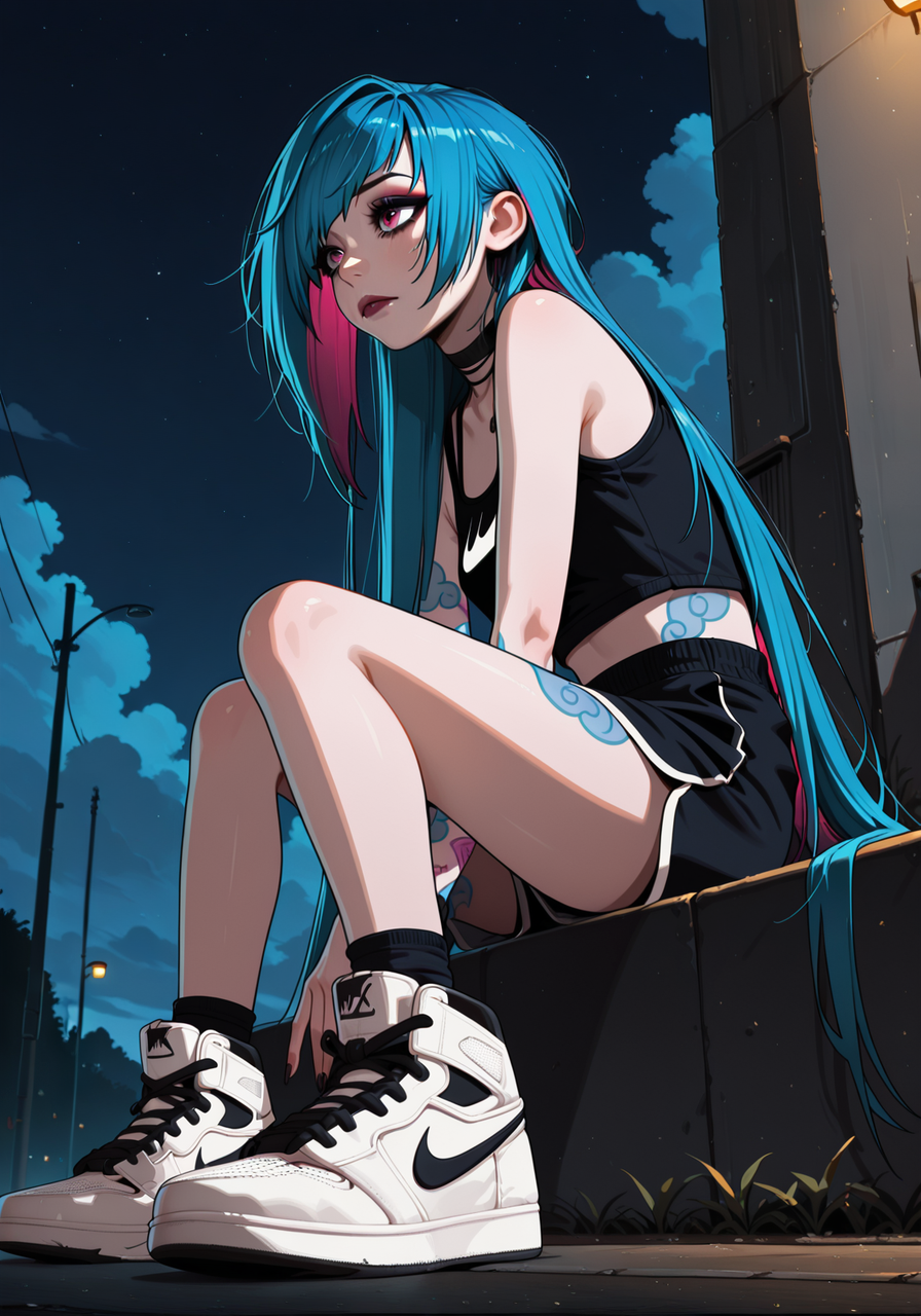 embedding:IllusP0s, (((scenequ33n, angled bangs, long hair))), eyelashes, eyeliner,low angle, side view, jinx_\(league of legends\), cloud tattoo, sitting, high top sneakers, nike sneakers, outdoors, night, 1girl, solo,<lora:scenequ33n_ill.safetensors:1.0:1.0>