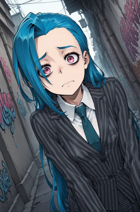 masterpiece,best quality, amazing quality, manga, (anime coloring:1.2), <lora:ShindoL:1>, (shindol:1.4),
BREAK
1girl, solo, <lora:Creative-Angle_v2_NAIXL:0.4>, creative angle, (upper body:1.4), on all fours, sad, looking at viewer, worried, closed mouth, <lora:Jinx_arcane_illustriousXL:0.5> jinx, young woman, (very small breasts:1.2), blue hair, bags under eyes, pink eyes, loose hair, parted bangs, asymmetrical bangs, (very long hair:1.2), tattoo, (small breasts:1.2), || alternate costume,
BREAK
<lora:SglingerieV9ILL:0.8> sg lingerie, striped jacket, white shirt, buttoned shirt, covered nipples, necktie, plaid skirt,
BREAK
<lora:Urban_Alley-IL:0.7> 4lley, outdoors, alley, graffiti, urban, trash,