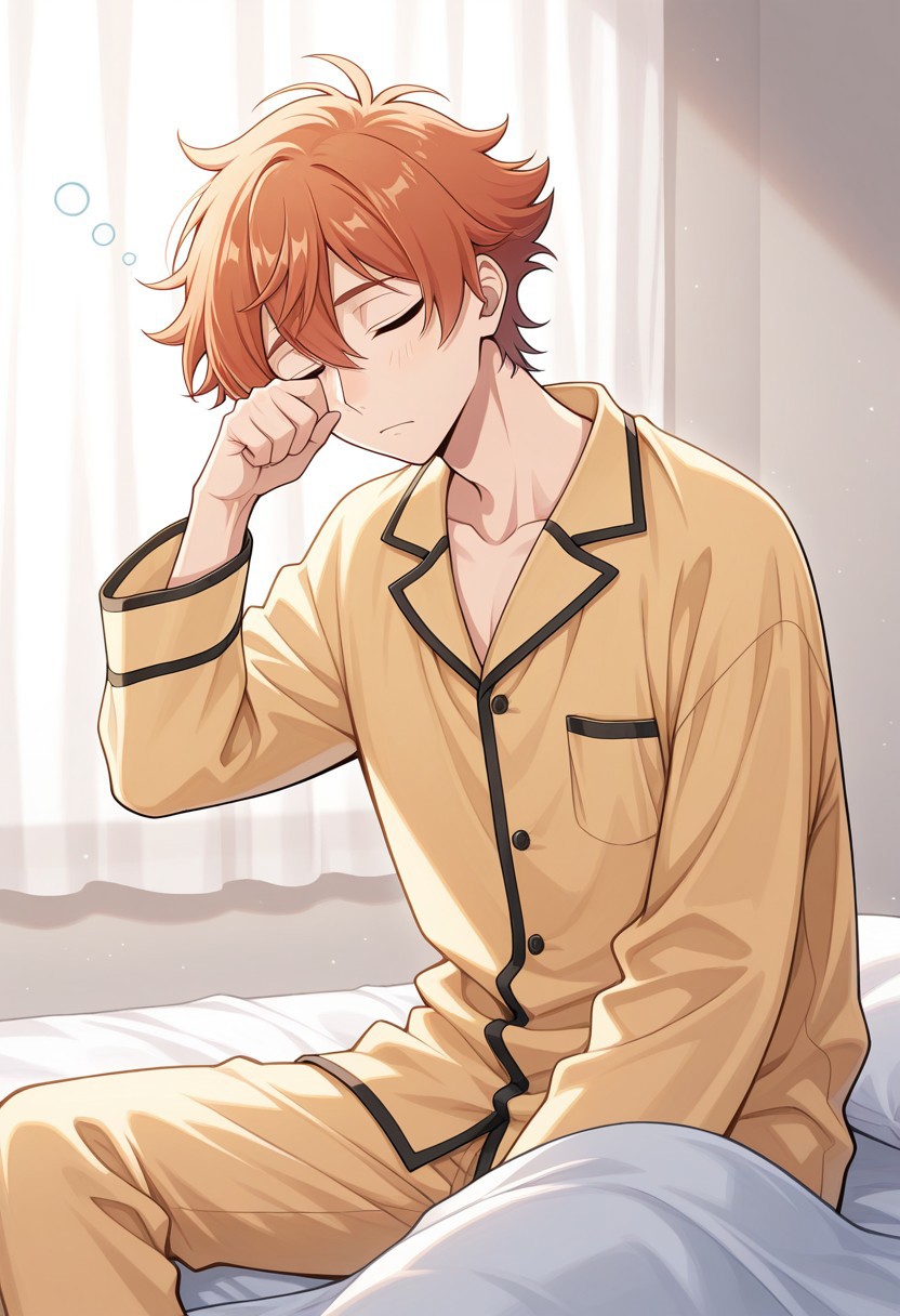 masterpiece,best quality,amazing quality, source_anime, 
acetrappola, 1boy, male focus, solo, closed eyes, orange hair, messy hair, sleepy, pajamas,