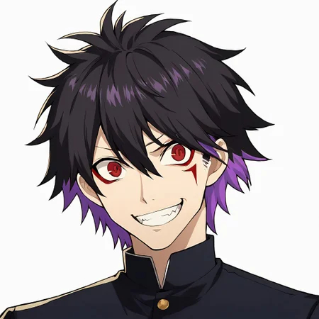 Score_9, score_8_up, score_7_up, source_anime, cowboy shot, masterpiece, best quality, upper body, portrait, (white background), 1boy, ((black hair)), short hair, spiky hair, ((hair straight up)), hair between eyes, sharp top hair, ((slicked hair)), (((red eyes))), demonic eyes, (purple string on bangs:1.2), sharp teeths, smile grin, two colored hair, (two-tone hair), (streaked hair:1.2), (multicolored hair), ((red eye tattoos)), (purple colored inner hair), <lora:colored inner hair:1>, (purple hair tips), <lora:_sdxl-gakuran-pony:0.8> (((black gakuran)))