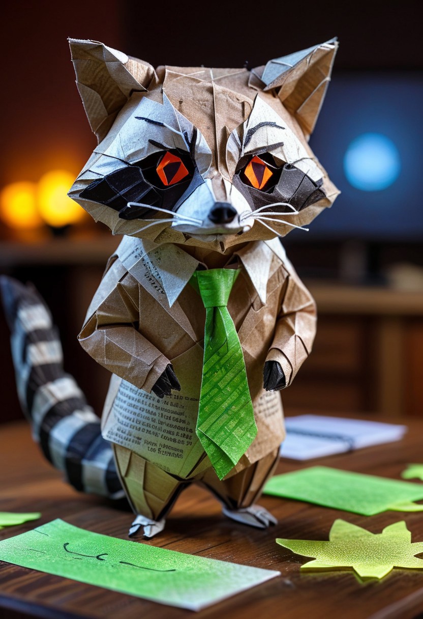 raccoon  made of paper, raccoon with tie, close up, textured paper, on wooden table, fluorescent, glowing eyes, paper computer, doing taxes, fluorescent, fluorescent dust, fluorescent spraypaint, glowing dust