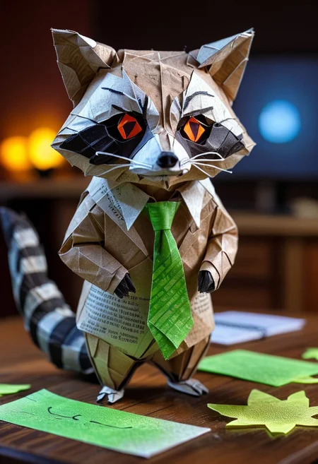 raccoon made of paper, raccoon with tie, close up, textured paper, on wooden table, fluorescent, glowing eyes, paper computer, doing taxes, fluorescent, fluorescent dust, fluorescent spraypaint, glowing dust