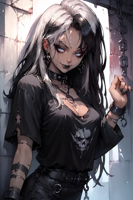 score_9, score_8_up, score_7_up, score_6_up, score_5_up, source anime, (dark skin), 1girl, looking at viewer,  realistic background, standing, gas station, leaning against wall, outdoors, smile, closed mouth, two-tone hair, black hair, gray hair, blue eyes, (cowboy shot), piercings, earrings, hot topic, chains, g4n1m3, ((goth)),  <lora:gg3:0.8> , goth girl, Goth girl 1girl, <lora:g4n1m3XLP:0.9> , g4n1m3, ((cowboy shot))