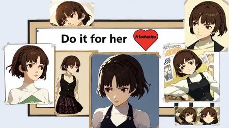 <lora:MakotoP5-pdxl:0.8> defMako, short hair, crown braid, white turtleneck, long sleeves, black vest, plaid pleated skirt, black pantyhose, brown boots,  <lora:DIFH:0.8> difh, photo (object), english text, multiple views, poster, tape, cropped,, score 9, score 8 up, score 7 up, score 6 up, score 5 up, score 4 up,
