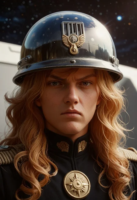 zPDXL3, 1boy , Reinhard, long hair, curly hair, hair bangs, german_helmet, hair sticking out of the helmet, visible face, looking at viewer, Angry, space station background