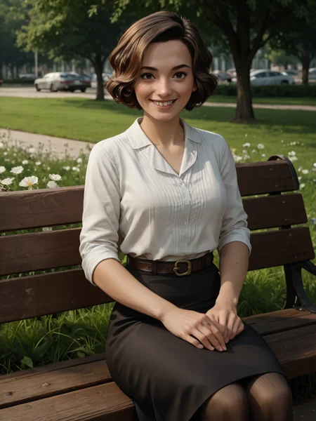 score_9, score_8_up, score_7_up,  score_6_up, BREAK, S4rahAngel0, 1girl, solo, short hair, brown hair, brown eyes, white shirt, pantyhose, belt, black skirt, pencil skirt, long skirt, in the park, sitting on a bench, smile, grass, flowers  <lora:Sarah_Angelo:1>