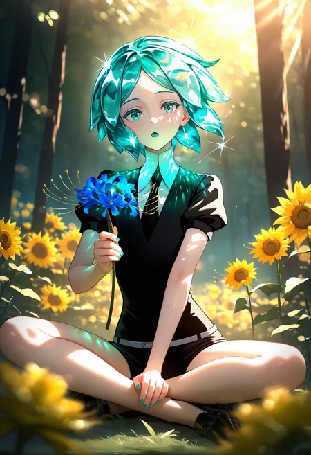 masterpiece, best quality, newest, absurdres, highres, phosphophyllite, gem uniform \(houseki no kuni\),solo, extremely exquisite female facial description,eye reflection,colorful,detailed light,light leaks,sunlight,shine,bokeh,blurry foreground,ray tracing,lens flare,cinematic lighting,sunflower,spider lily,blue flower, (realistic:0.8), foreshortening, outdoors, sitting, forest, lotus position, indian style, shoes, holding flower,