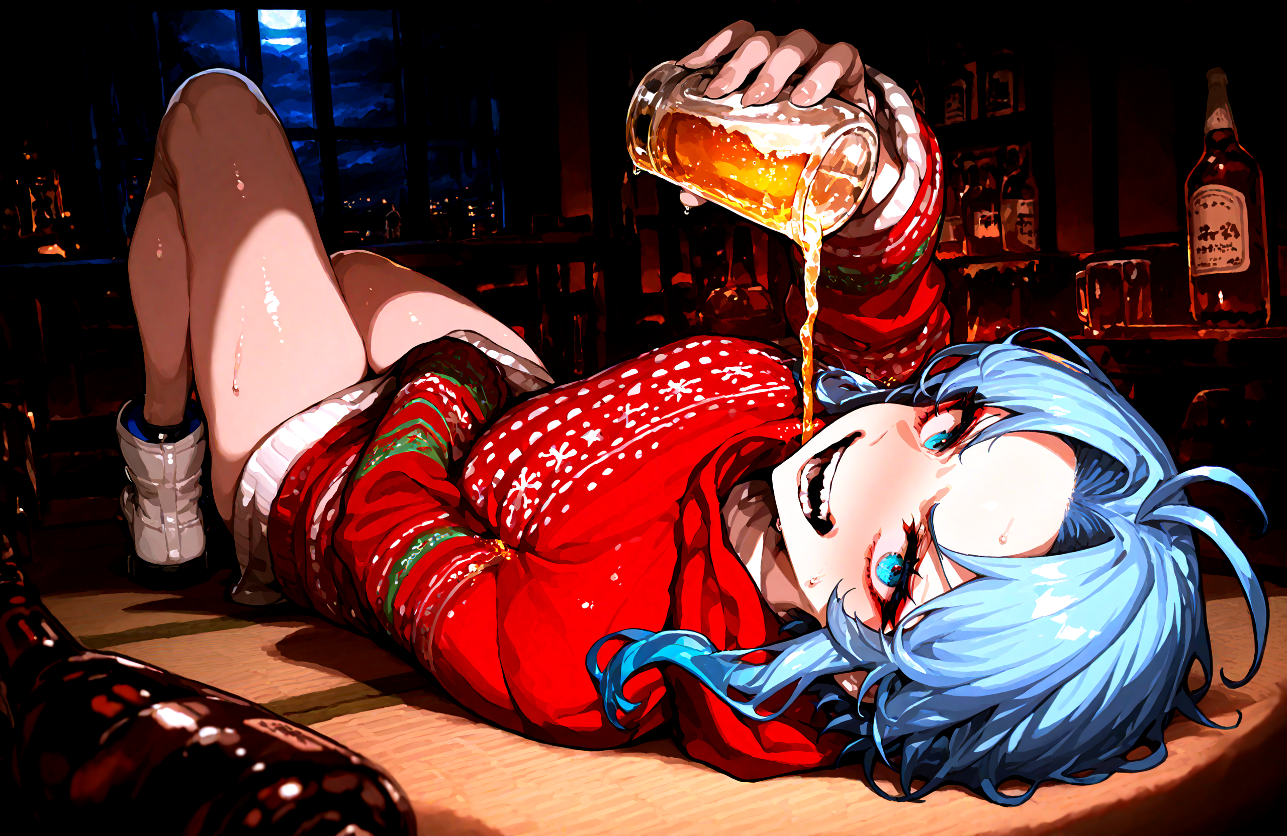 1 girl,  kumoi_ichirin , blue_eyes ,blue_hair,  hood, long_sleeves, looking_at_viewer ,medium_hair ,parted_bangs ,sidelocks , solo, v-shaped_eyebrows , white_footwear, alcohol , beer , bottle, cup, drink, drinking_glass , holding ,holding_cup , laughing,solo,on back, wet body, pouring ,wet_clothes ,
christmas_sweater,  dark, night, indoors,
,Fishine, munakata_(sekimizu_kazuki),dekosukentr,kizuki_aruchu ï¼ireadingï¼kubo_tite_(style) ,
ï¼masterpiece, best quality, newest, absurdres, highres,
<lora:illustrious_noobai_epsilon_pred_1_best_quality_v1:0.4> ,<lora:illustrious_noobai_epsilon_pred_1_masterpieces_v1:0.4>, <lora:illustrious_noobai_epsilon_pred_11_very_aesthetic_v1:0.4>, <lora:ponyv5_noobV065S_1_adamW:0.6>, <lora:add-detail-xl:0.4>, <lora:GEN(illust) 0.2v:0.6>, <lora:USNR STYLE_XL_loha:0.6>, <lora:cfg_scale_boost:0.4>, <lora:christmas_sweater:0.8>