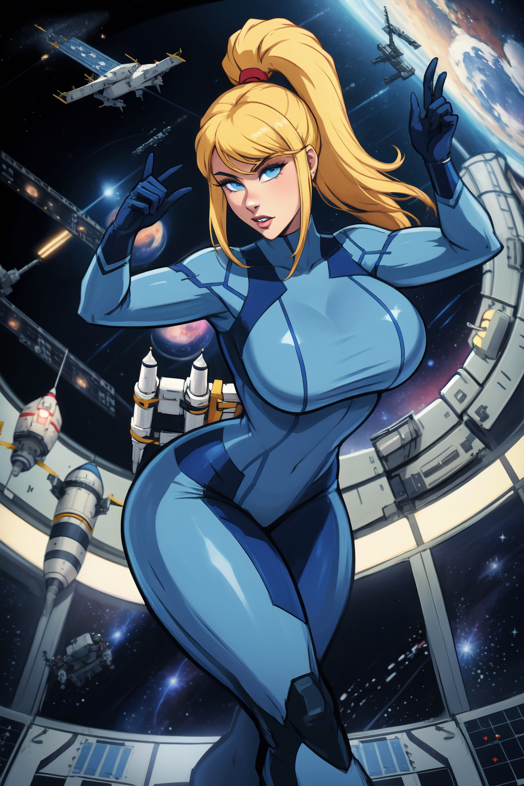 (1girl:1.3), (solo:1.2), curvy, (masterpiece:1.2), (best quality:1.2), (dynamic pose:1.4), (shy:1.2)
<lora:iAHFY [MockAi - v1.0]:1.2> iAHFY, pinup, simple shading, (muted colors:1.2), (large breasts:1.4), (cowboy shot:1.2), (space craft hangar:1.3), (futuristic:1.4), advanced technology, distant planet, (inside space station:1.4), (large hangar:1.5), railing, (parked spacecraft:1.3), (white light),, <lora:Samus Aran [novowels - v1.0]:0.8> samus aran, ponytail, hair tie, (blonde hair:1.2), blue eyes, large breasts, blue gloves, blue bodysuit, high heels