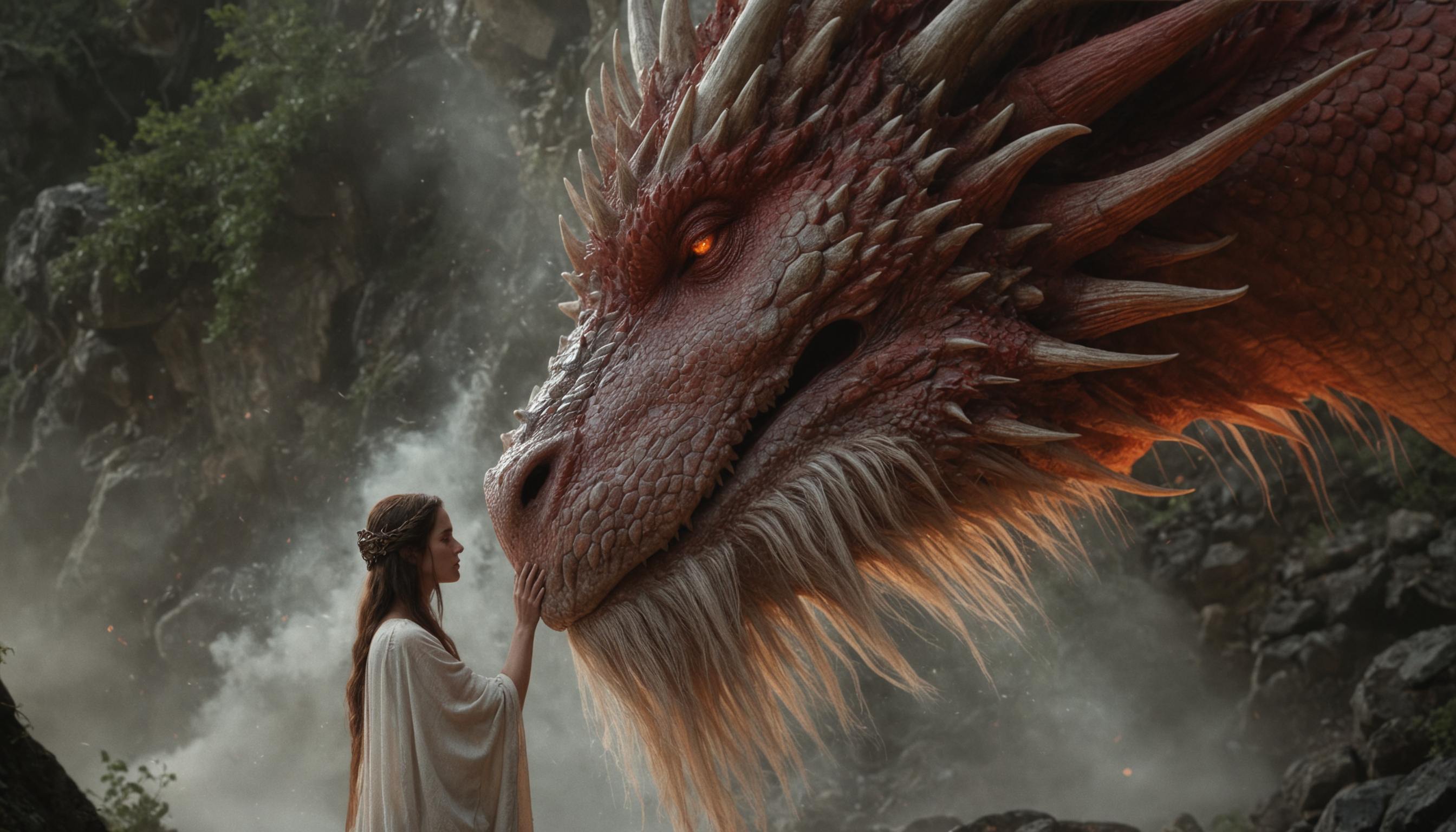 cinematic scene, closeup, a colossal red dragon with long beard with scales and horns gently touching its face to the face of a young woman with long hair wearing a white dress, misty and ethereal environment filled with rocks and sparse vegetation, creates a sense of connection and understanding between the two a young woman and dragon in this otherworldly environment, portrays mythical creatures and fantasy themes, bravery and curiosity, gentle interaction, insane details, realistic