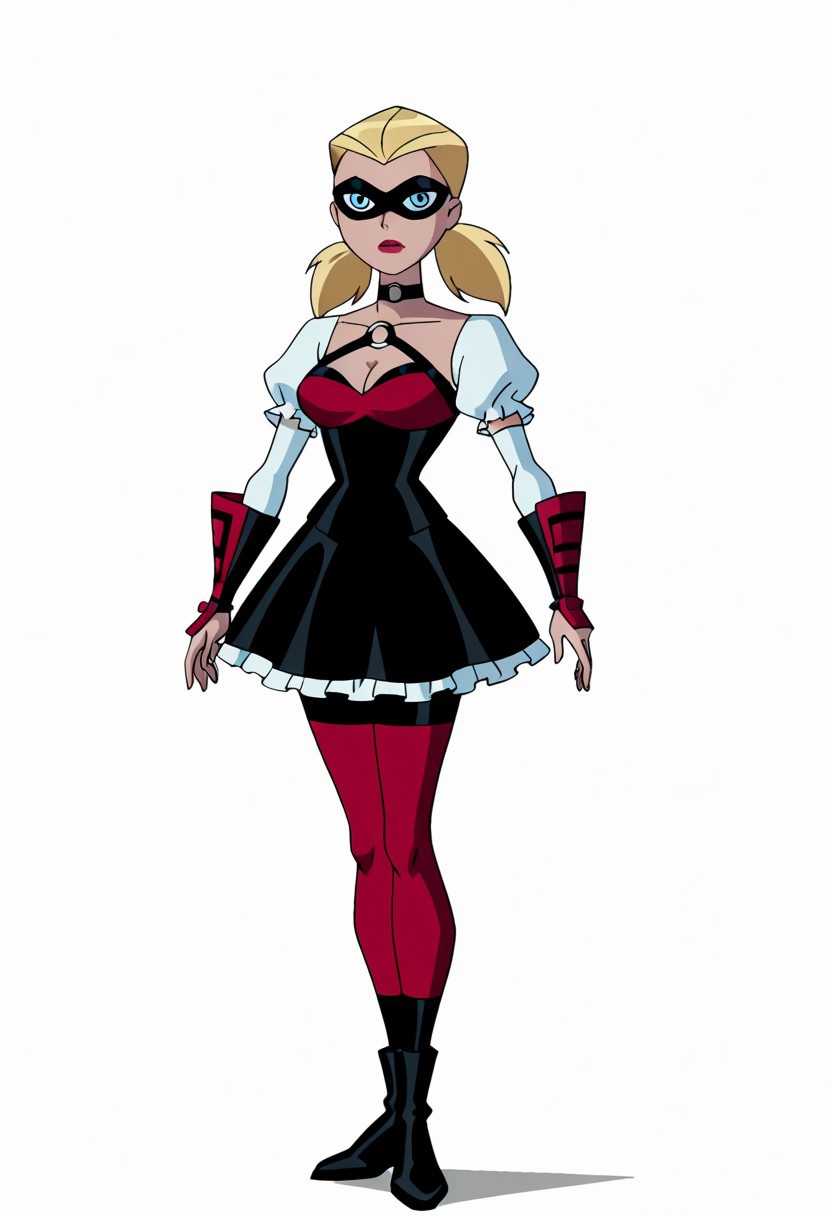 source_anime, flat_color, masterpiece, absurdres, high quality, detailed character design, ultra-high resolution, perfectly composed, wyatt, wyatt,
BREAK
1girl, solo, blonde hair, twin tails, domino mask, white sclera, highres, high contrast, absurdres,looking at viewer, White facepaint,O-ring choker, harness, white sleeves, short puffy sleeves, red bra, black bra, cleavage, black corset, black skirt, frilled skirt, red vambraces, black vambraces, black pantyhose, red pantyhose,white frilled wristbands,
BREAK
full body shot, solid white background