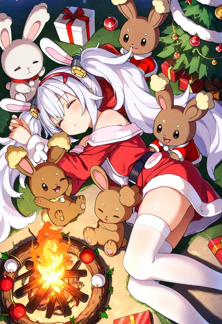(masterpiece, best quality, high quality, good quality),1girl,santa costume,christmas,christmas ornaments,candy,christmas wreath,christmas stocking,gift,christmas tree,
buneary,pokemon \(creature\),
happy,laffey \(azur lane\),sleeping,from above,outdoors,bonfire,white thighhighs,<lora:Animal_Christmas:0.7>,animal christmas,<lora:ponyv4_noob1_2_adamW:0.6>,<lora:cutesexyrobutts_style_illustrious_goofy:0.6>,<lora:breasts_size_slider_illustrious_goofy:0.6>,