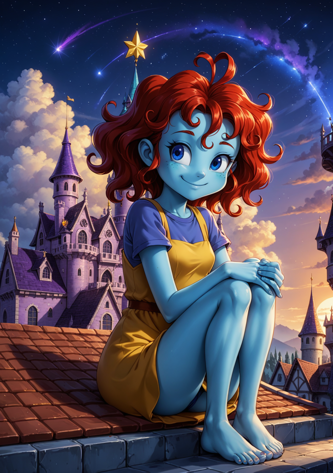 score_9, score_8_up, score_7_up, source_anime BREAK, 1girl, solo, solo focus, Pooky(dragon tales), Pookypony, monster girl, full body,  blue skin, blue eyes,  red hair,  small breasts, blue shirt, yellow dress, bare feet, laying legs, smile, hand hugging one leg, looking to the horizon, bedroom eyes,  purple roof, sitting on roof, purple castle tower, purple flag,  purple tower, clouds, night, starry sky, shooting stars,  <lora:Pooky_the_GiantDragon_Tales:0.85>
