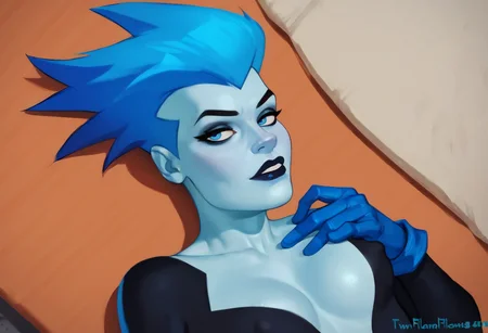 score_9, score_8_up, score_7_up, score_6_up, twinflame-dh, cloesup, (from above:0.5), upper body, from side, lying, on back, breasts focus, breasts squished together, flirting, arosed, blue hair, blue eyes, blue skin, spiky hair, black leotard, covered nipples, cleavage, long sleeves, blue gloves <lora:Artist_Style_-_TwinFlame413_PDXL:0.8> <lora:LivewireAS:0.7>