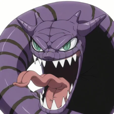 score_9, score_8_up, score_7_up, source_cartoon, cel shading, fca style, Naruto_Manda, snake, slit pupils, green eyes, purple body, body markings, black eye markings, 2 pair of horns, black belly scales,
one_piece_funny_face, eye pop, snot, sharp teeth, eyes vein lines, open mouth, tongue out, long tongue