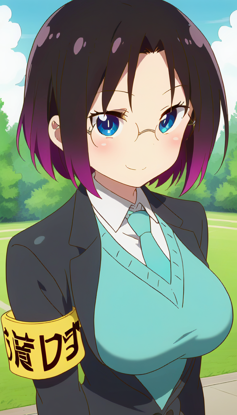 score_9,score_8_up,score_7_up,score_6_up BREAK official art,solo,outdoors,upper body,(portrait:1.5),looking at viewer,facing viewer,smile,blush,Elma,short hair,black hair,gradient hair,purple hair,parted bangs,blue eyes,glasses,black jacket,open jacket,aqua necktie,aqua sweater vest,white shirt,collared shirt,armband,long sleeves,large breasts,skindentation,black skirt,pencil skirt,skirt suit,high heels,black footwear,<lora:Elma(mkdm)-Pony:1.5>,