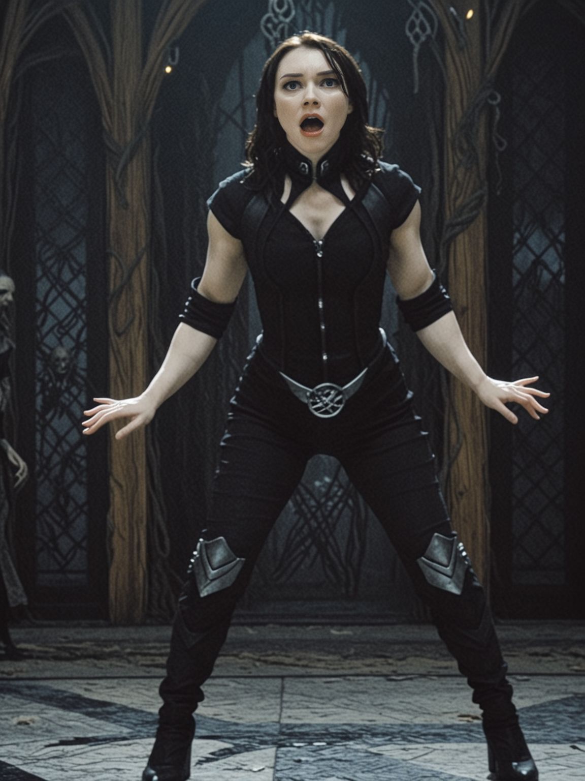 <lora:dmd2_sdxl_4step_lora_fp16:1>
valorie [medium|long] hair,black hair,looking at viewer,black shirt,scared,(cute:0.3)
full body,dynamic pose,
<lora:GothicDarkFantasyMovieSDXL:0.7>ArsMovieStill,Gothic Dark Fantasy movie still,
<lora:Firecracker_v6.1_biglust:0.95>