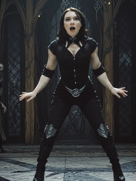 <lora:dmd2_sdxl_4step_lora_fp16:1>
valorie [medium|long] hair,black hair,looking at viewer,black shirt,scared,(cute:0.3)
full body,dynamic pose,
<lora:GothicDarkFantasyMovieSDXL:0.7>ArsMovieStill,Gothic Dark Fantasy movie still,
<lora:Firecracker_v6.1_biglust:0.95>