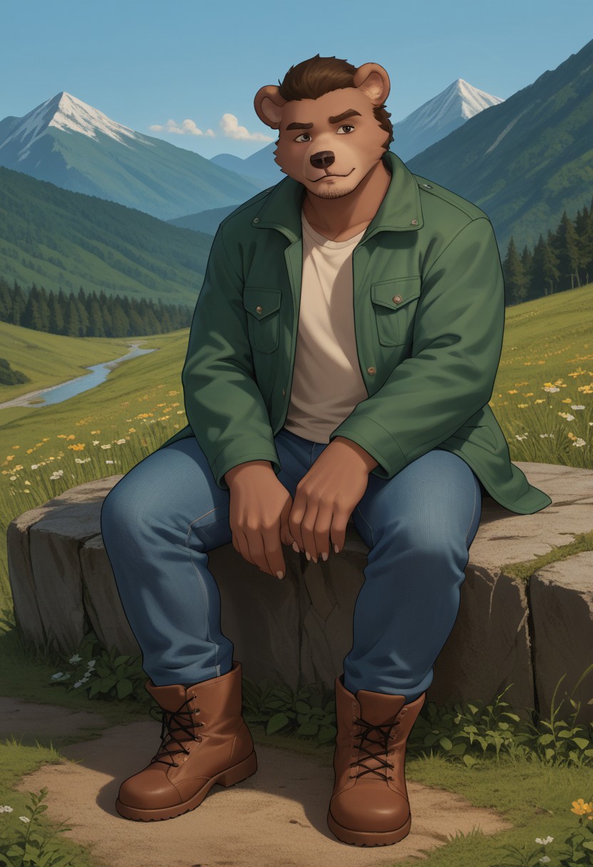 source_e621, score_9, score_8_up, score_7_up, score_6_up, score_5_up, score_4_up, bear, male, dbearian, bearian, green jacket, mountain boots, jeans,