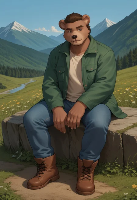 source_e621, score_9, score_8_up, score_7_up, score_6_up, score_5_up, score_4_up, bear, male, dbearian, bearian, green jacket, mountain boots, jeans,
