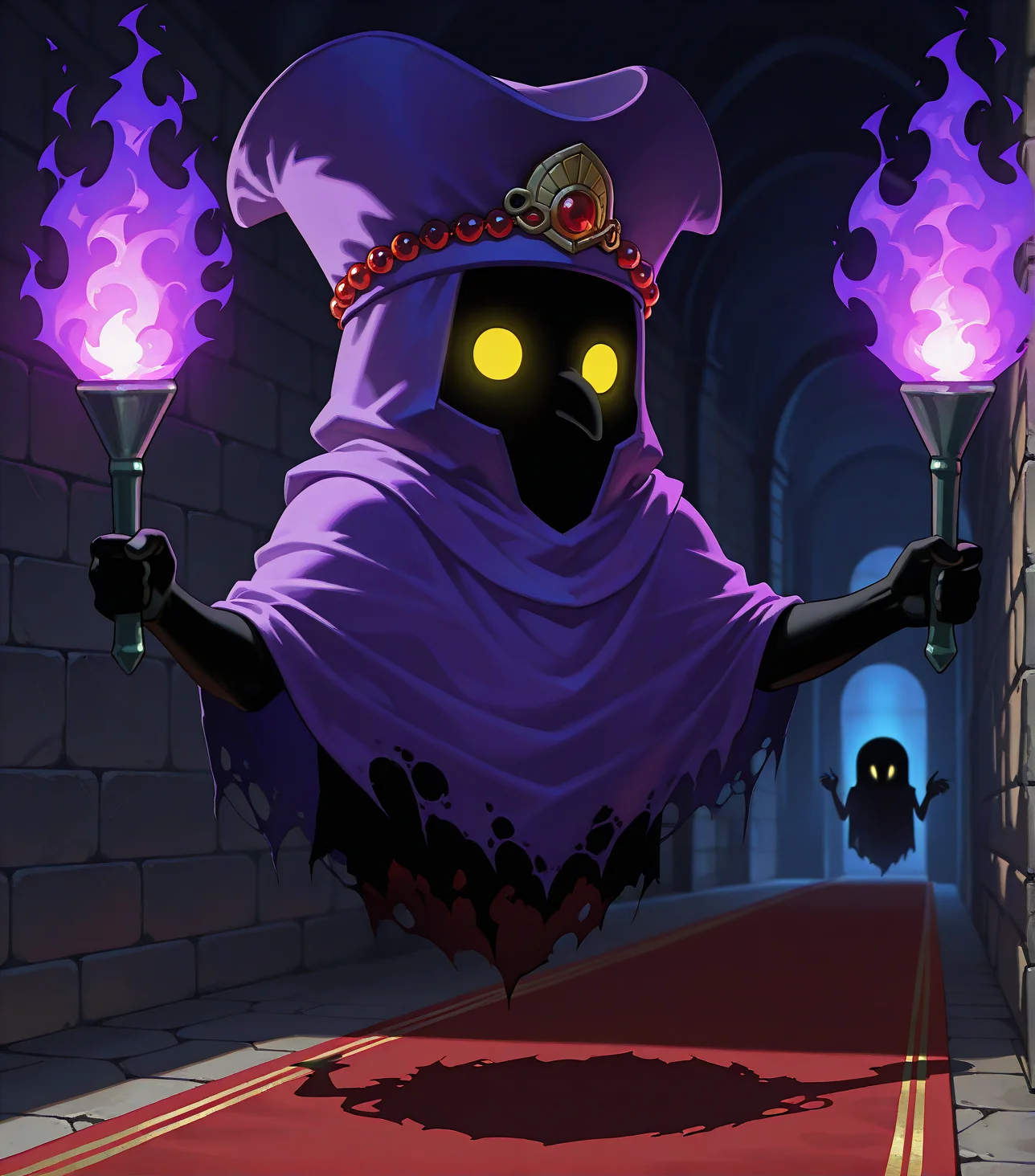 [STYLE & QUALITY::-1]
digital artwork, masterpiece, best quality, high res, very aesthetic, absurdres, artistic, dynamic perspective, amazing quality, vibrant colors, high resolution, absurdres, newest, <lora:Poe_Ocarina_of_Time_-000021:1>
[SUBJECT::-1]
LOZ_Poe, solo, lone figure, (Meg_\(Poe\),:0.8) pointed nose, long nose, Poe, ghost, spirit, glowing eyes, black skin, floating, yellow eyes, legless, big head, giant head, (skeletal hand:0.7), featureless face, (wide head:1.3), dwarf, stunted proportions, shadowed, ghostly figure, completely black skin, vantablack skin, pure black skin, eyed silhouette, no_legs, shadow skin, narrowed eyes, evil eyes
[ACTIONS & POSE::-1]
[CLOTHES::-1]
tattered robes, purple robes, purple headwear, (horned headwear:0.8), jeweled headwear, face obscured by shadow, creepy, tattered clothes, beads
holding torch, torch, purple flame, holding
[BACKGROUND::-1]
dark temple, stone walls, red carpet