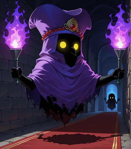 [STYLE & QUALITY::-1]
digital artwork, masterpiece, best quality, high res, very aesthetic, absurdres, artistic, dynamic perspective, amazing quality, vibrant colors, high resolution, absurdres, newest, <lora:Poe_Ocarina_of_Time_-000021:1>
[SUBJECT::-1]
LOZ_Poe, solo, lone figure, (Meg_\(Poe\),:0.8) pointed nose, long nose, Poe, ghost, spirit, glowing eyes, black skin, floating, yellow eyes, legless, big head, giant head, (skeletal hand:0.7), featureless face, (wide head:1.3), dwarf, stunted proportions, shadowed, ghostly figure, completely black skin, vantablack skin, pure black skin, eyed silhouette, no_legs, shadow skin, narrowed eyes, evil eyes
[ACTIONS & POSE::-1]
[CLOTHES::-1]
tattered robes, purple robes, purple headwear, (horned headwear:0.8), jeweled headwear, face obscured by shadow, creepy, tattered clothes, beads
holding torch, torch, purple flame, holding
[BACKGROUND::-1]
dark temple, stone walls, red carpet