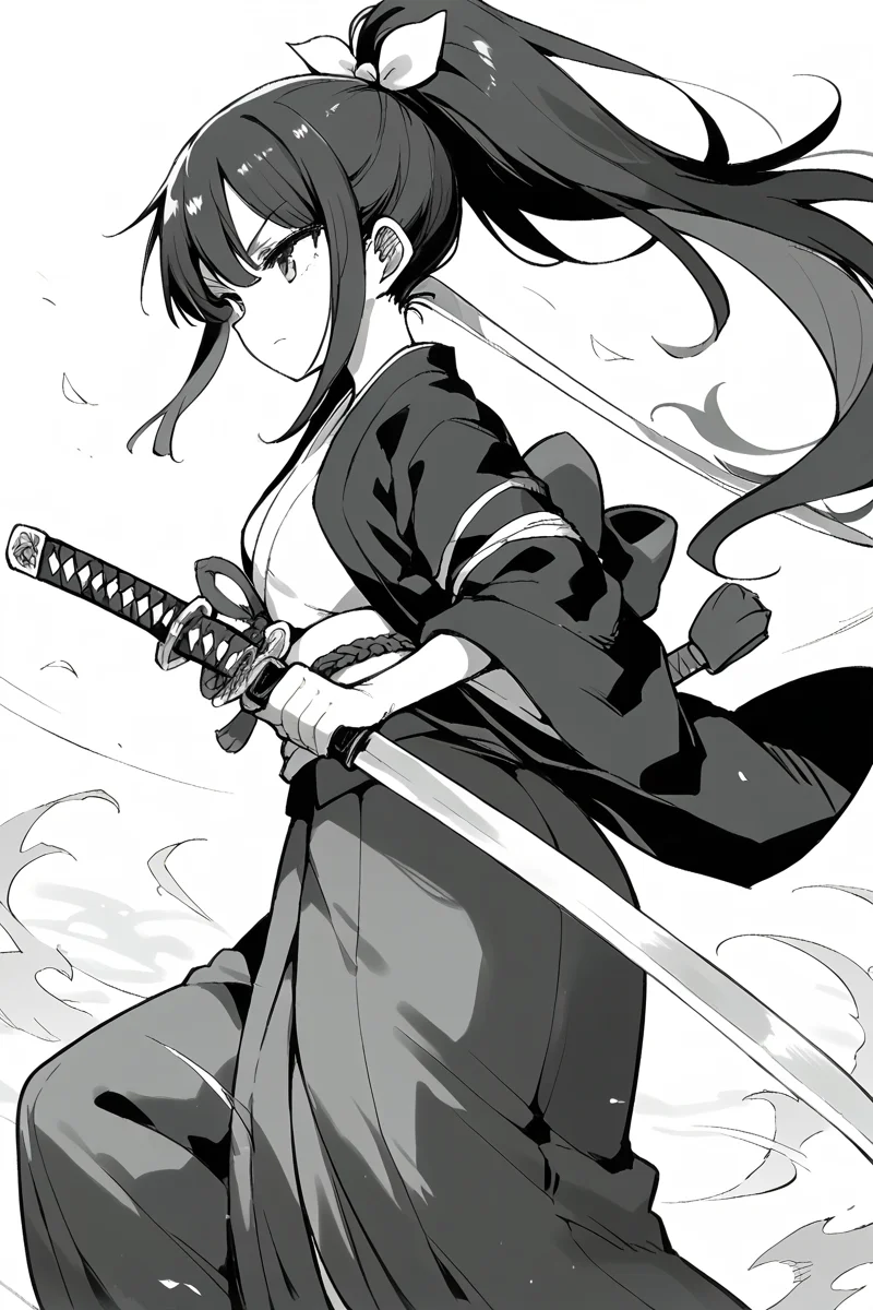 score_9, score_8_up, score_7_up, score_6_up,
<lora:Kihyahya:1> kihyahya, weapon, greyscale, sword, monochrome, sarashi, holding weapon, holding sword, katana, ponytail, holding, long hair, japanese clothes