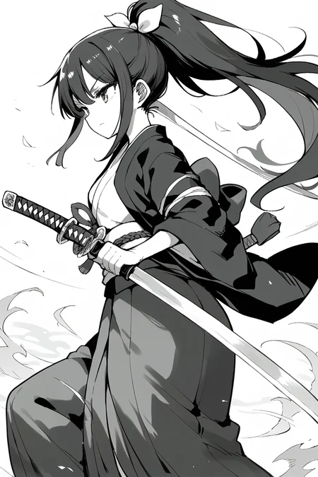 score_9, score_8_up, score_7_up, score_6_up,
<lora:Kihyahya:1> kihyahya, weapon, greyscale, sword, monochrome, sarashi, holding weapon, holding sword, katana, ponytail, holding, long hair, japanese clothes