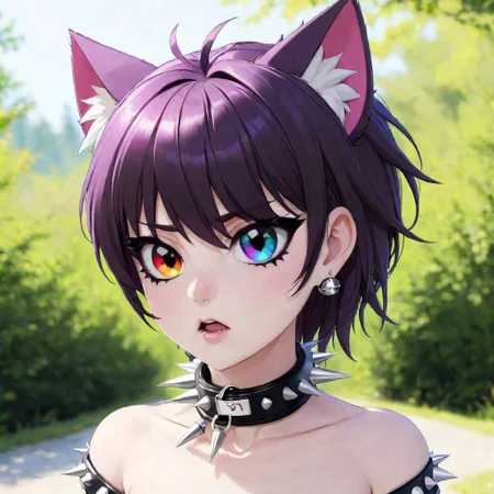 totless,1girl, outfit2, spiked collar , outdoor background, heterochromia